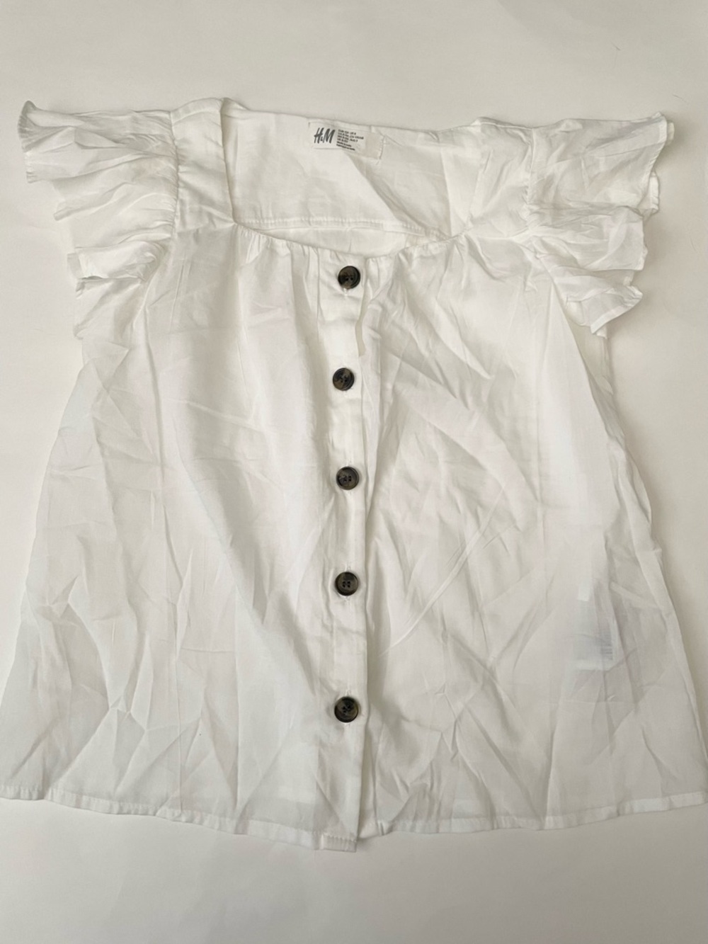 H&M White Button-Front Ruffle Sleeve Blouse